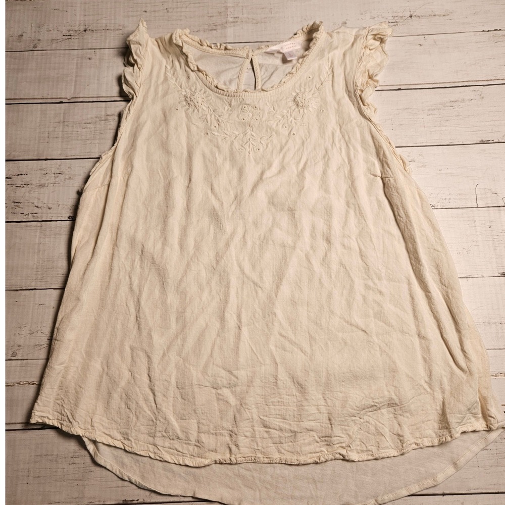 Lauren‎ Conrad Cream Embroidered Ruffle Sleeveless Blouse Large boho